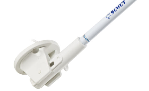 White marine antenna mount for sailing electronics, labeled Scout, ideal for boats and yachts