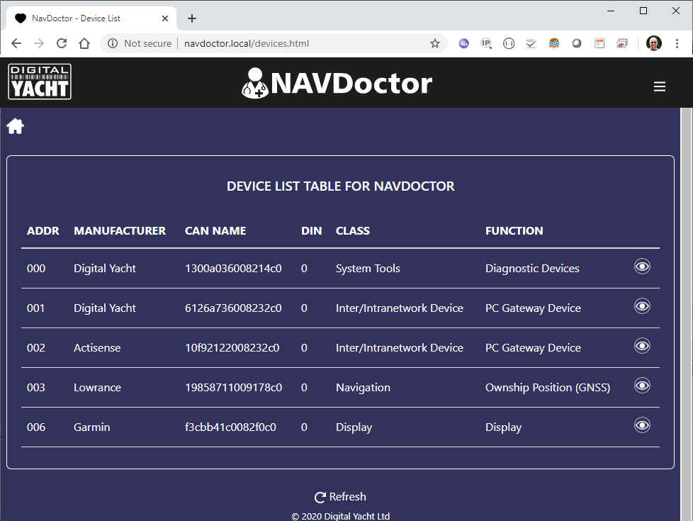 Digital Yacht NAVDoctor - listado de dispositivos