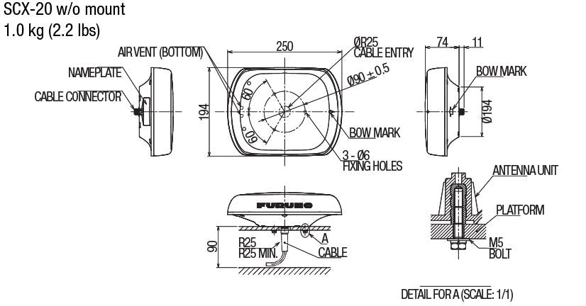 Furuno SCX-20 official pole-mount dimensional drawing