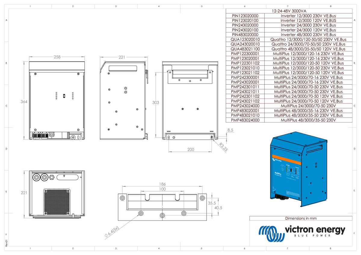 Victron Phoenix Inverter 12/3000 230 V - plano dimensional oficial