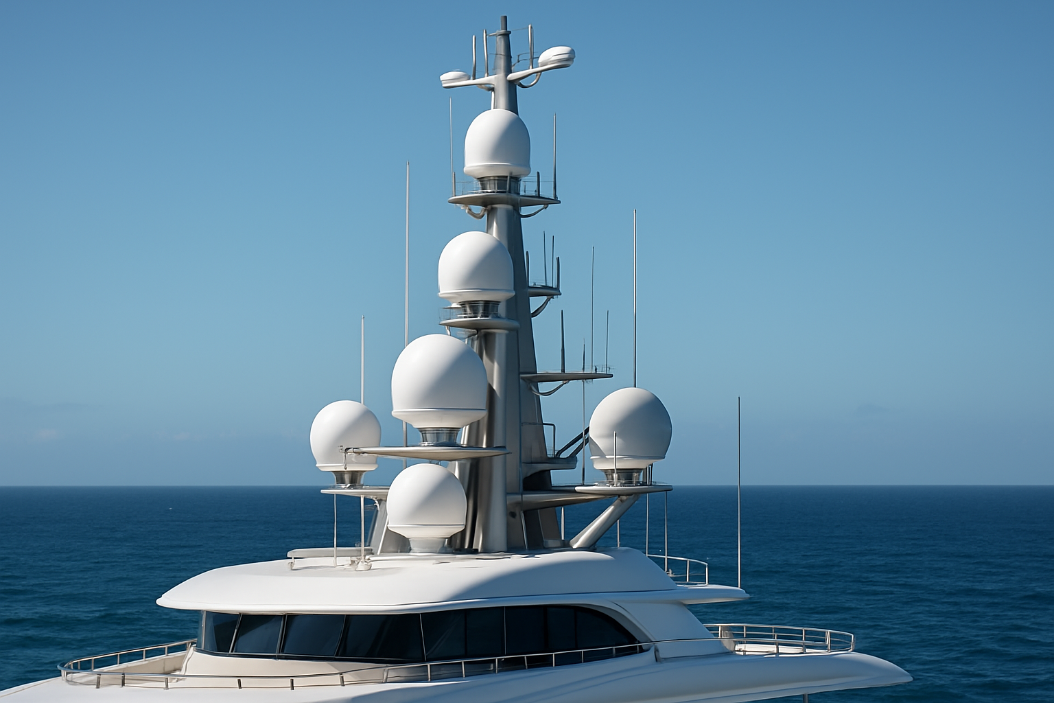 megayacht hull tower with marine antennas